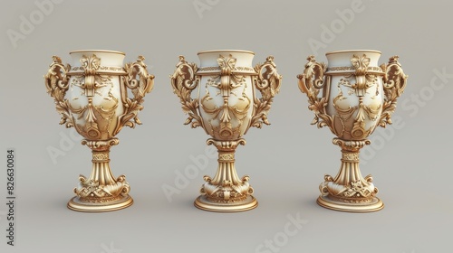 3D render of a golden trophy cup on white background