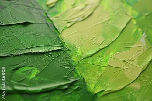 Close-up of an abstract painting featuring green hues with detailed brushstrokes. 