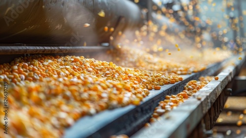 A conveyor belt transporting heaps of vibrant yellow corn kernels, moving steadily in a manufacturing plant.