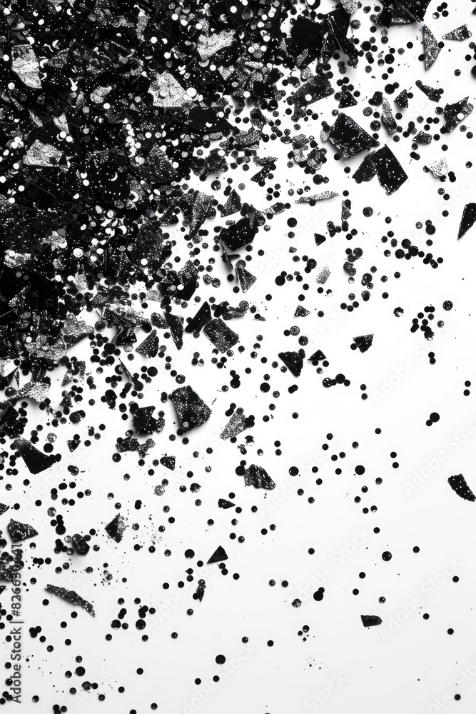 A striking photo of black glitter scattered on a solid white background, creating a stark and elegant contrast. A striking photo of black glitter scattered on a solid white background, creating a stark and elegant contrast.