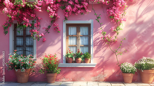 Caribbean Charm Revealing the Colorful Pink Wall Adorned with Windows Flowering Plants and Coloni © Usama Rasheed 
