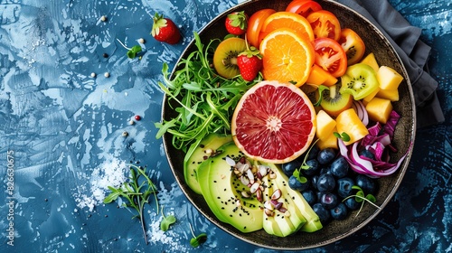 Fresh and Healthy Fruit Salad with Avocado  Berries  and Greens in a Bowl on a Blue Background - Perfect for a Nutritious Breakfast.