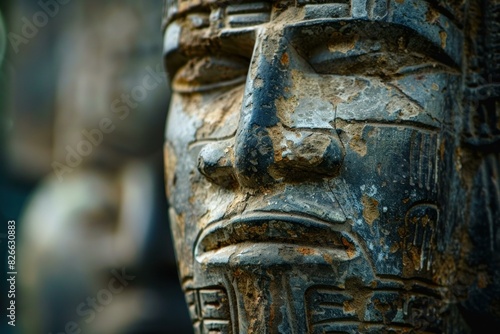 Closeup of an ancient weathered stone statue with intricate carvings, showcasing the cultural heritage and historical significance of this archaeological artifact from a bygone civilization
