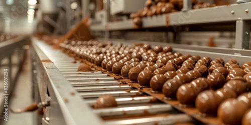 Modernized chocolate candy production line in confectionery factory now operational. Concept Confectionery Industry, Chocolate Production, Modernization, Factory Operations, Candy Manufacturing