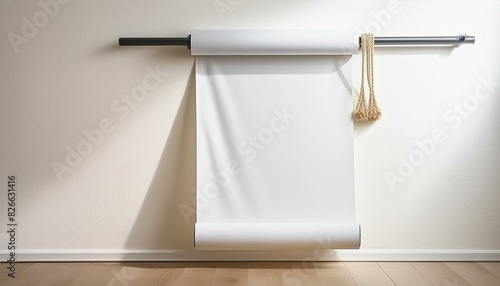 Mockup of a white paper roll hanging on the wall side view with a clipping path ing Mockup of a paperhanging wallpaper Scroll template for home decoration Canvas in room interior. See Less
 photo