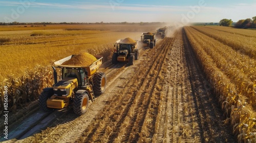 A convoy of tractors efficiently harvests corn in expansive fields under clear skies on a sunny autumn afternoon.