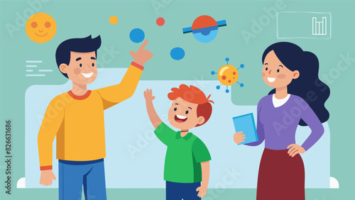 A young boy enthusiastically shares the latest science lesson he learned from the interactive wall with his parents proud of his newfound knowledge.. Vector illustration