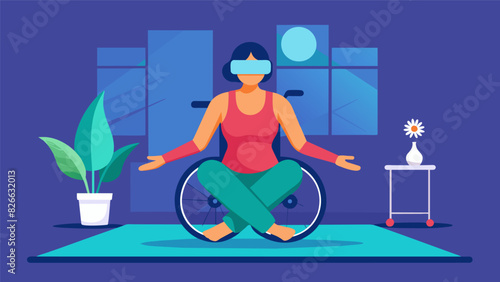 A woman with paralysis engages in a VR yoga session with modifications for her wheelchair and limited range of motion.. Vector illustration
