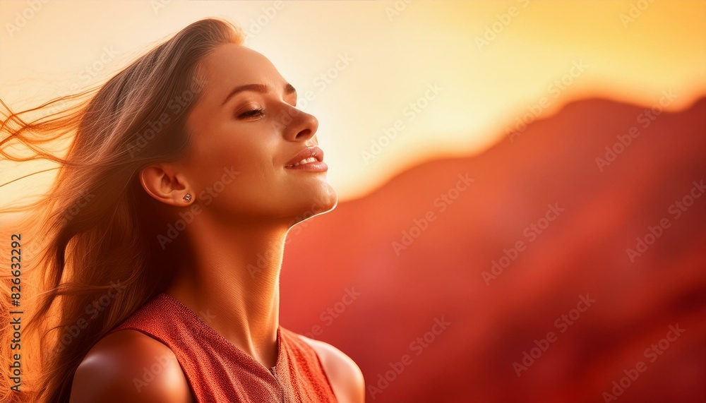 Eyes closed, face turned upwards, basking in a moment of pure bliss. Eyes closed, face turned upwards, basking in a moment of pure bliss.