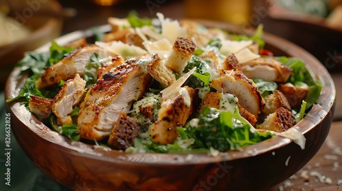 A crispy chicken Caesar salad with golden croutons  creamy dressing  and shaved Parmesan  in a wooden bowl.