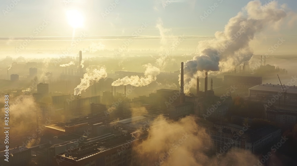 Fototapeta premium Industrial Zone at Dawn Showing Smokestacks Emitting Pollutants Amid Clean Technology Ads, Highlighting Environmental Challenges.