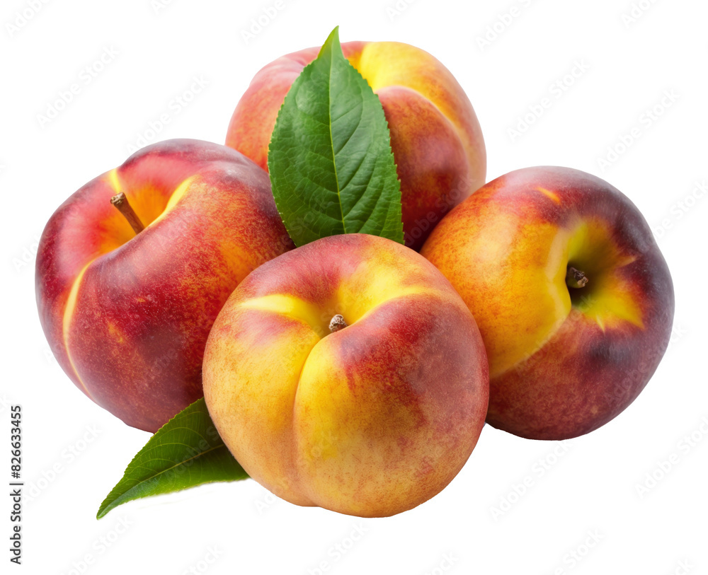 A group of ripe nectarines with a mixture of red and yellow hues complemented by green leaves. The nectarines look fresh and ready to eat. Transparent background A group of ripe nectarines with a mixture of red and yellow hues complemented by green leaves. The nectarines look fresh and ready to eat. Transparent background