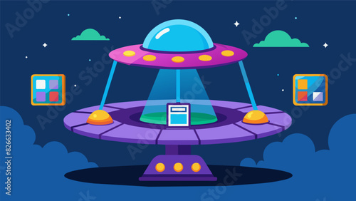 A flying saucer seesaw that doubles as a spaceship simulator complete with interactive screens and controls for kids to explore the galaxy.. Vector illustration