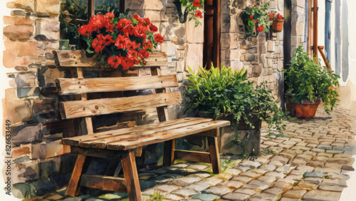 A rustic wooden bench with red flowers hanging from it, against the background of an old stone wall decorated with potted plants.