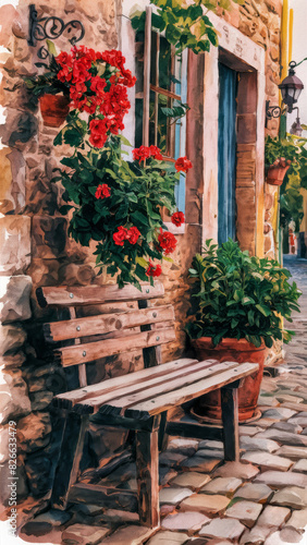 A rustic wooden bench with red flowers hanging from it, against the background of an old stone wall decorated with potted plants.