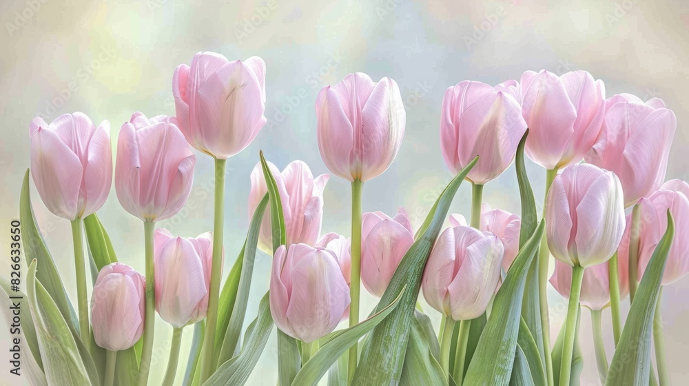 Photo of a cluster of pink tulips blooming outdoors in a garden, with a soft focus on the petals, creating a dreamy and vibrant springtime scene.