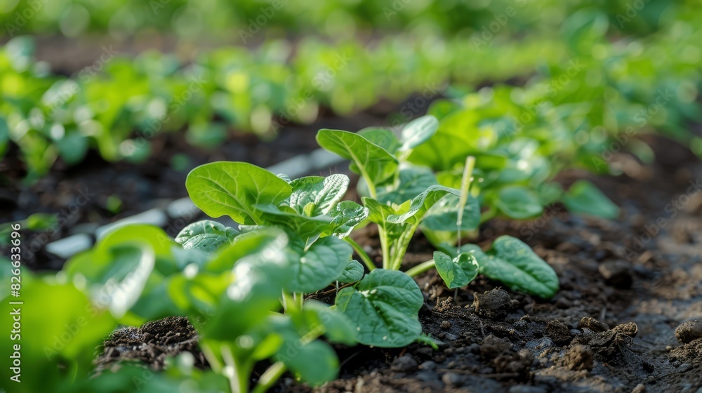 Close-up photo of young spinach plants growing in rich, dark soil, with lush green leaves and a blurred background, showcasing healthy growth in a garden. Close-up photo of young spinach plants growing in rich, dark soil, with lush green leaves and a blurred background, showcasing healthy growth in a garden.
