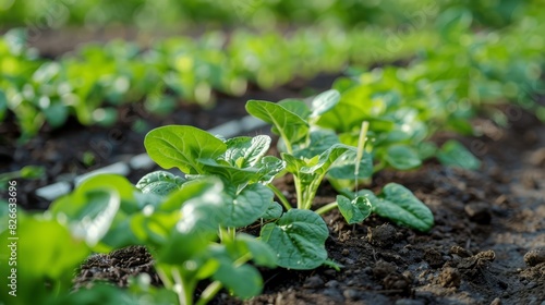 Close-up photo of young spinach plants growing in rich, dark soil, with lush green leaves and a blurred background, showcasing healthy growth in a garden.