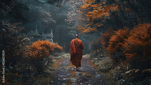 Monk walking hike photo