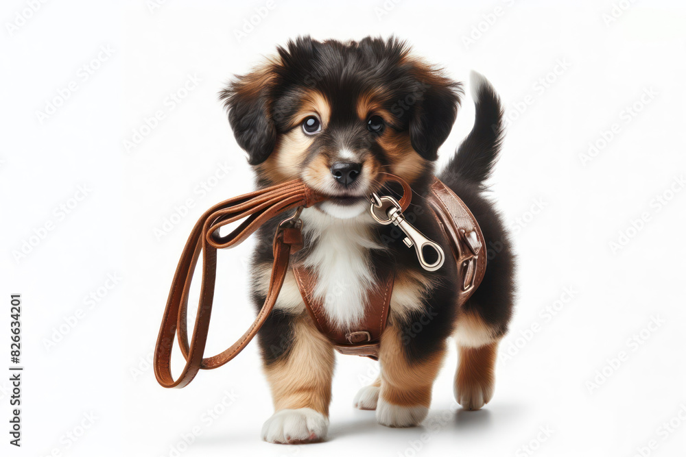 Fototapeta premium Dog holding pet leash in mouth ready to go for walk Isolated on white background