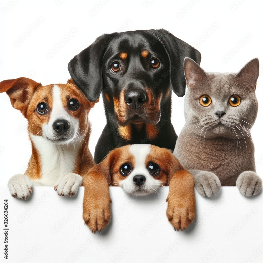 Dogs and Cats Peeking Over Web Banner Isolated on white background copy space Dogs and Cats Peeking Over Web Banner Isolated on white background copy space