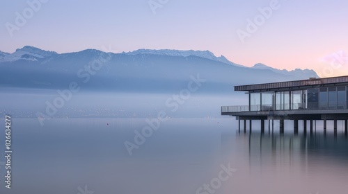 Photo of a modern houseboat on a calm lake surrounded by misty mountains  creating a tranquil and serene atmosphere.
