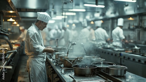 Industrial cooking scene in a large-scale canteen, chefs at work, focus on efficiency and large quantity preparation.