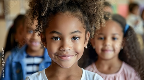 Close-up of a smiling African American girl with curly hair in a classroom, with other children blurred in the background.