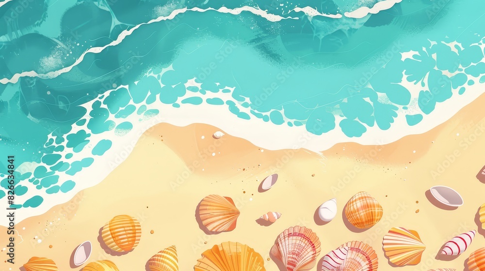 Animated flat design of a beach adventure focusing on shell collecting, top view in complementary colors selective focus, beach discovery, vibrant, Silhouette, seashell pile backdrop Animated flat design of a beach adventure focusing on shell collecting, top view in complementary colors selective focus, beach discovery, vibrant, Silhouette, seashell pile backdrop