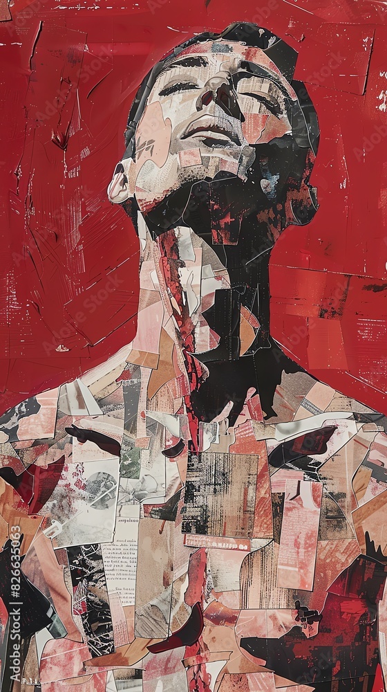 Fototapeta premium Produce a mixed media artwork capturing skin elasticity by combining acrylic painting and paper collage Show a dynamic composition featuring a human figure with visibly elastic ski