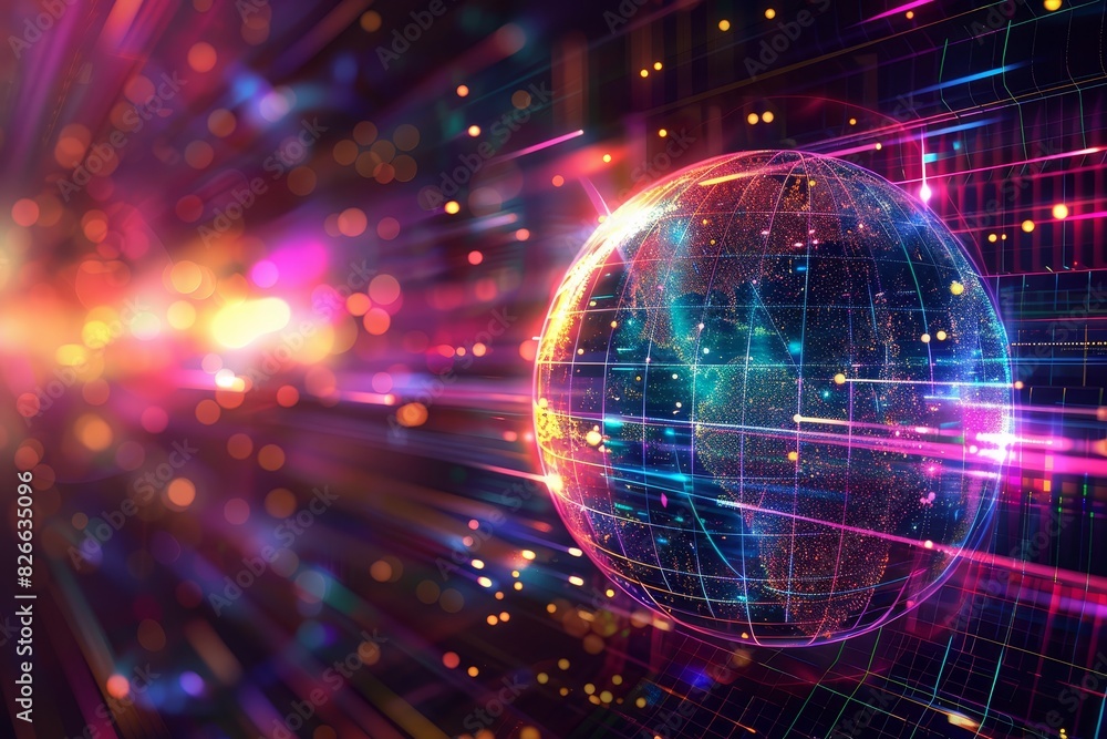 Abstract digital art of a neoncolored sphere with glowing lines, set against a futuristic backdrop, vibrant hues focus on, advanced technology, dynamic, Composite, holographic grid backdrop Abstract digital art of a neoncolored sphere with glowing lines, set against a futuristic backdrop, vibrant hues focus on, advanced technology, dynamic, Composite, holographic grid backdrop