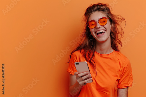 Happy Woman Using Smartphone, plain background photo