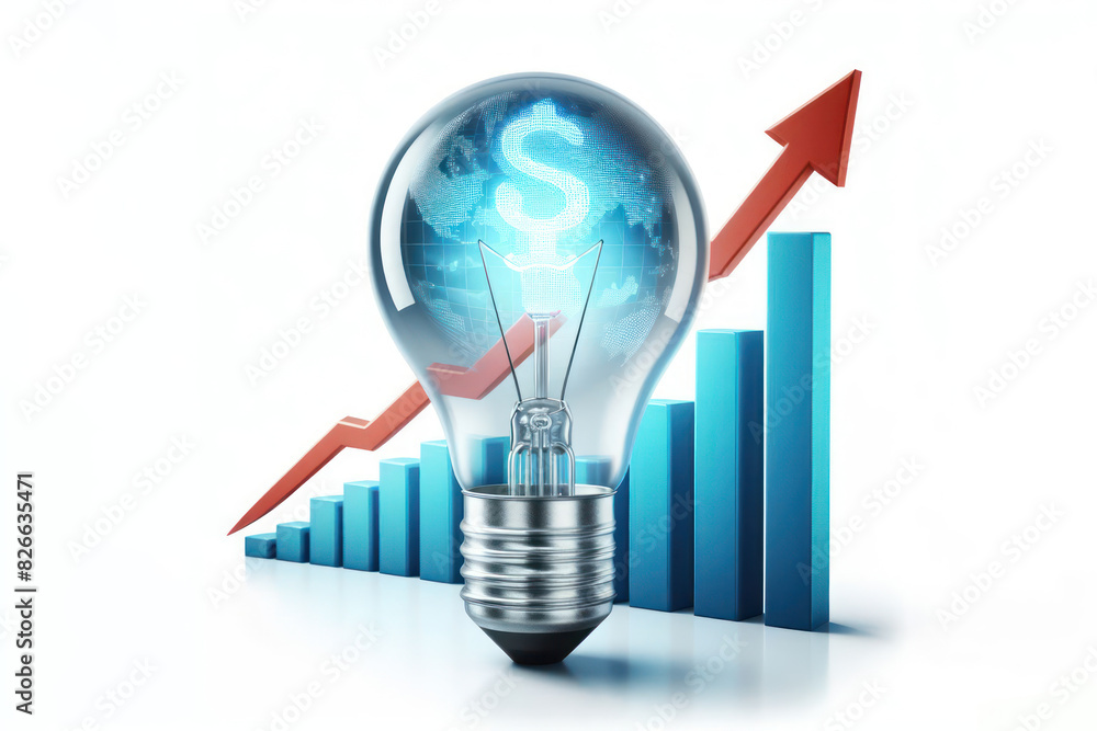 Light bulb with grow up arrow rise in price of electricity Isolated on white background Light bulb with grow up arrow rise in price of electricity Isolated on white background