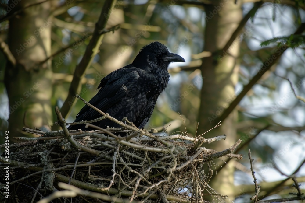 Fototapeta premium Young Crow Taking Its First Flight from a High Nest in a Towering Pine Tree, Anxious Parents Watching Over, Symbolizing a Leap of Faith into the Unknown.