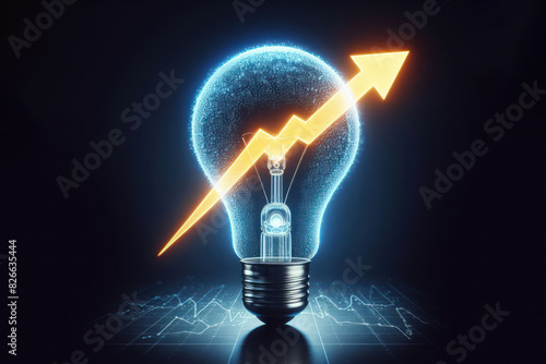 Light bulb with grow up arrow rise in price of electricity Isolated on black background