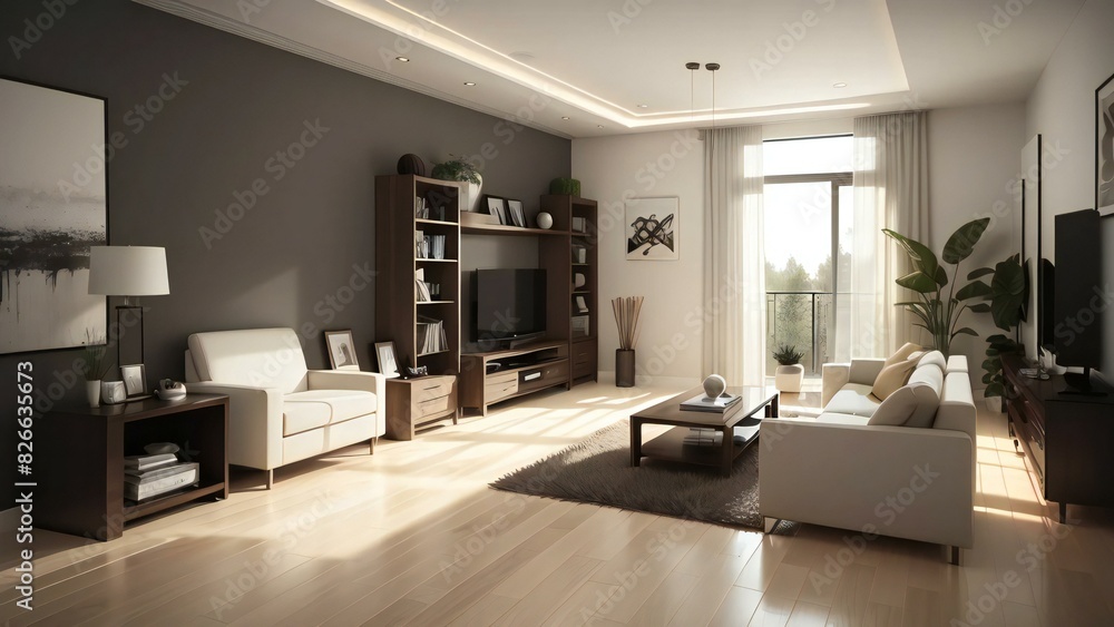 Fototapeta premium Spacious and elegantly furnished living room with large windows, contemporary furniture, and a warm, inviting ambiance in a luxury home