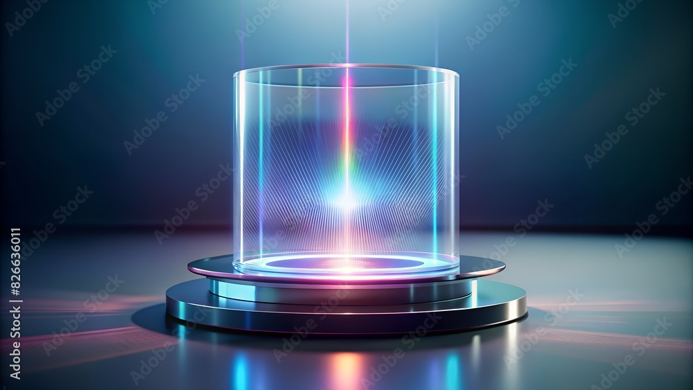 A futuristic product advertisement setting, a holographic floating stand with a subtle glow, placed against a completely blank and neutral background, 3D rendering with a focus on translucency and lig
