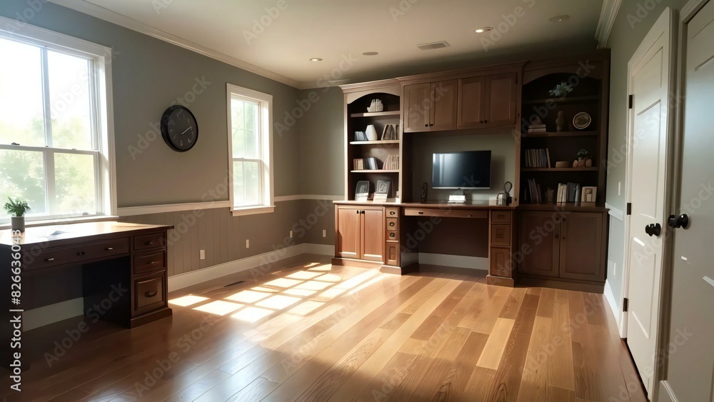 Fototapeta premium Modern home office with natural light, wooden desk, built-in shelves, and hardwood floors in a spacious, minimalist design