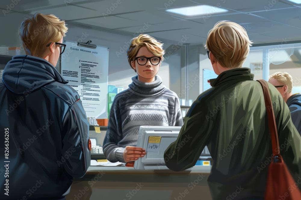 Obraz premium An elegant woman with short hair and glasses demonstrates beauty and confidence at the reception desk.