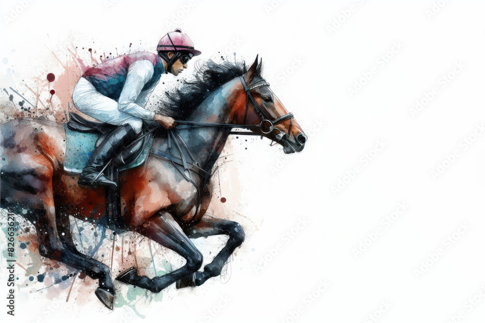 Jockey on horse watercolor splash in action isolated on white background
