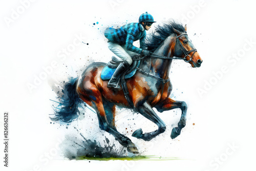 Jockey on horse watercolor splash in action isolated on white background