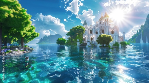 The sun casts sparkles on the calm azure lake around a serene white castle on an island.
