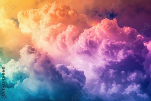 Surreal and ethereal vivid rainbow cloudscape at sunset with fluffy. Colorful. And vibrant clouds in orange. Pink. Yellow. Purple. And blue