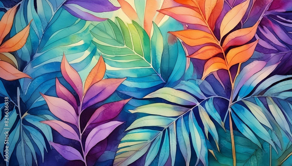 Vibrant watercolor illustration of tropical leaves in shades of blue, green, orange, and purple. Perfect for decorative wall art or backgrounds. Vibrant watercolor illustration of tropical leaves in shades of blue, green, orange, and purple. Perfect for decorative wall art or backgrounds.