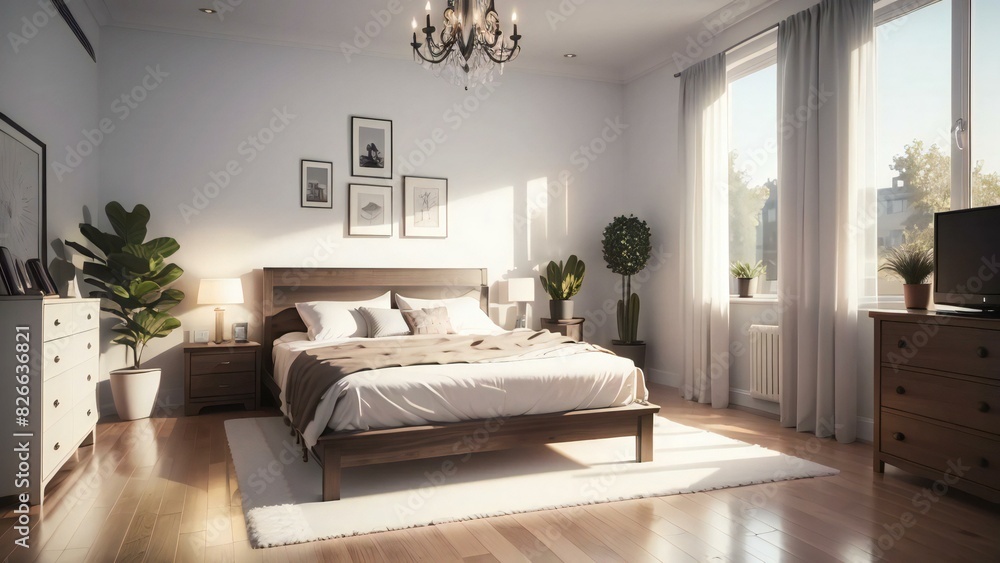Serene and inviting bedroom interior with elegant contemporary furniture, bathed in warm sunrise light for relaxation and inspiration Serene and inviting bedroom interior with elegant contemporary furniture, bathed in warm sunrise light for relaxation and inspiration