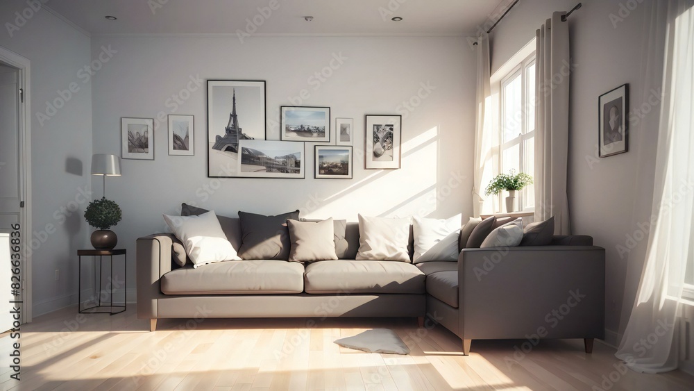 Brightly lit living room featuring a chic gray couch, monochrome photo gallery, and cozy wood floors Brightly lit living room featuring a chic gray couch, monochrome photo gallery, and cozy wood floors