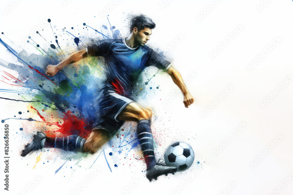soccer watercolor splash player in action with a ball isolated on white background
