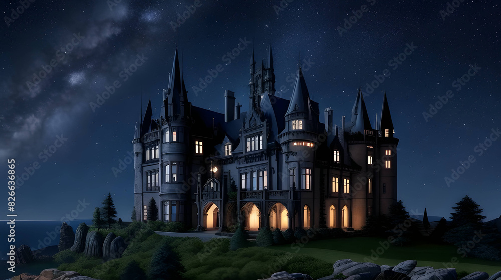 A majestic, gothic castle mansion, its walls a deep, dark blue, standing atop a rocky hill, surrounded by a sea of stars (4) A majestic, gothic castle mansion, its walls a deep, dark blue, standing atop a rocky hill, surrounded by a sea of stars (4)
