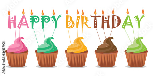 Canvas Print Colorful happy birthday cupcakes isolated on transparent.