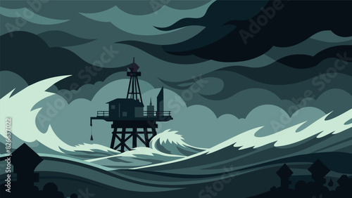 The dark tumultuous waves crash against the rig platform creating an eerie and foreboding scene.. Vector illustration
